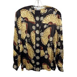 Vintage Brown Oriental Silk Long Sleeve Blouse Anne Crimmins for Umi Size 10